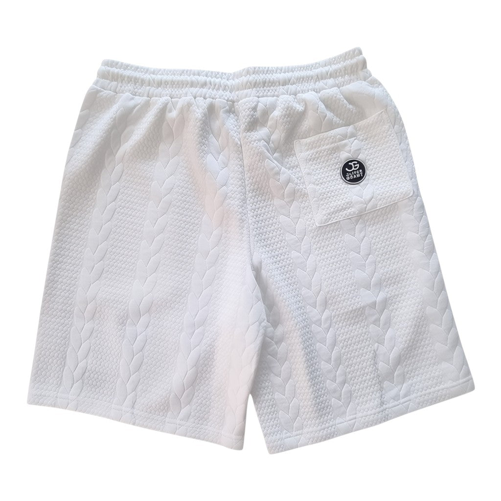 Klothco white cable-knit shorts with elastic drawstring waist, back pocket, and circular logo patch