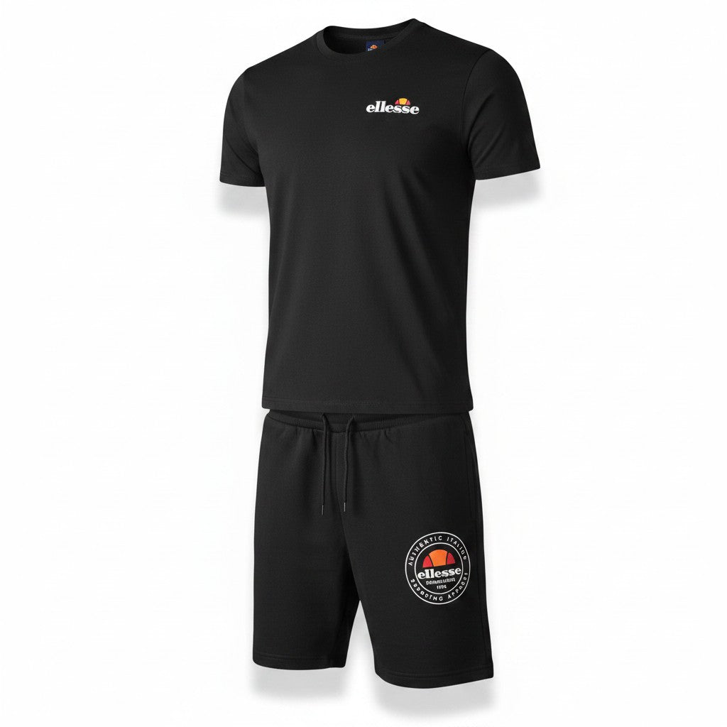 Ensemble Fresh & Found Ellesse noir pour homme avec t-shirt à logo et short à cordon de serrage, style décontracté.
