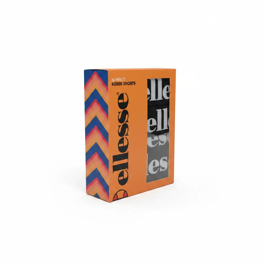 Lot de 3 boxers homme Fresh & Found par ellesse, coloris noir, gris et bleu avec ceinture élastique logotée.