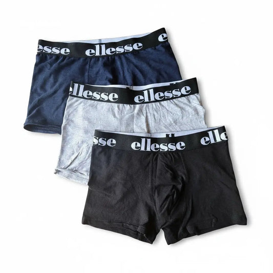 Lot de 3 boxers Fresh & Found Ellesse en noir, gris et bleu marine avec ceinture élastique logotée confortable.
