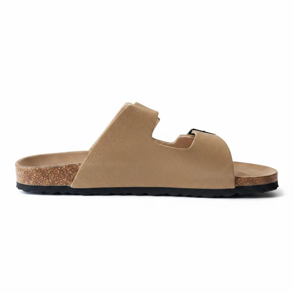 Sandales JUST EMPORIO beige Fresh & Found avec deux brides, semelle en liège et boucles métalliques gunmetal.