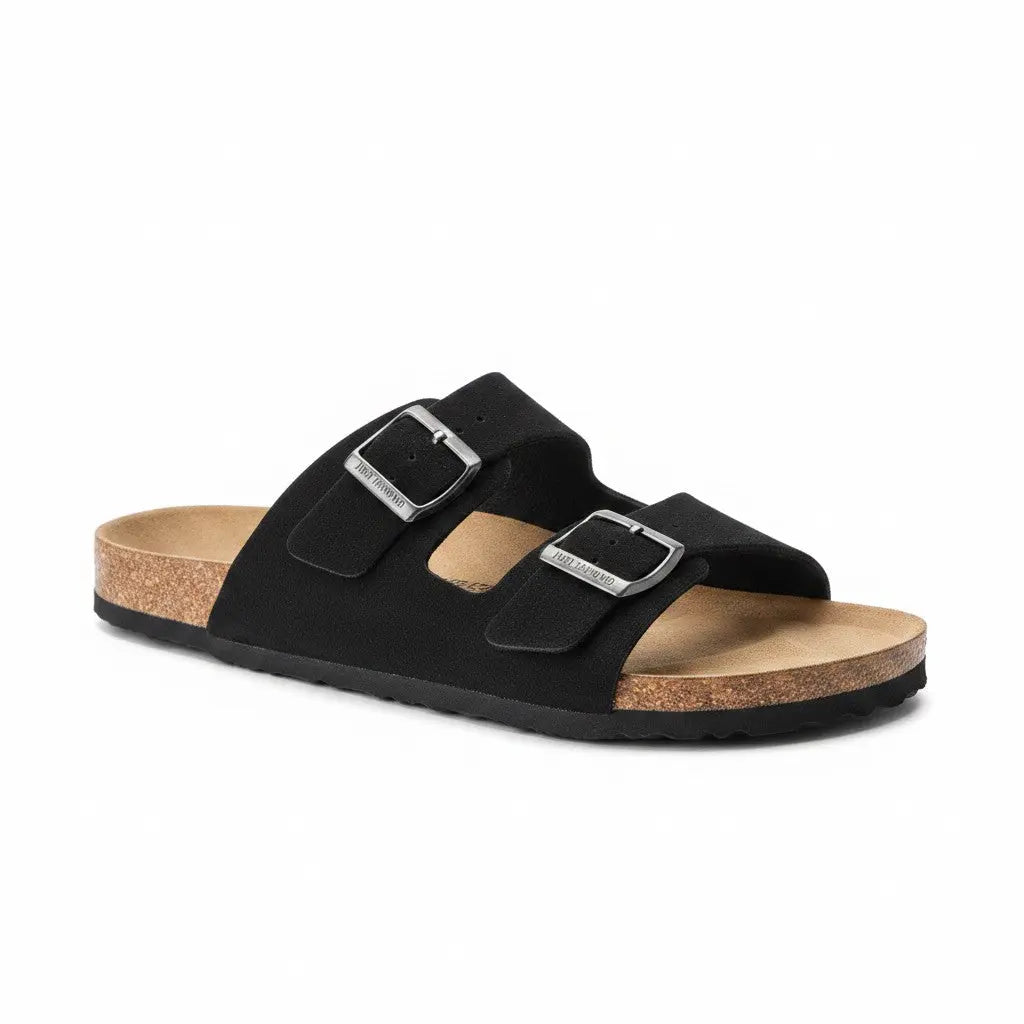 Sandales noires JUST EMPORIO avec deux brides, boucles gunmetal, semelle en liège et caoutchouc.