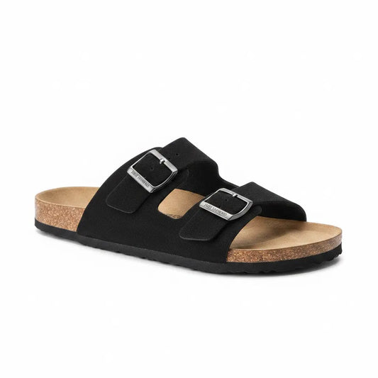 Sandales noires JUST EMPORIO avec deux brides, boucles gunmetal, semelle en liège et caoutchouc.