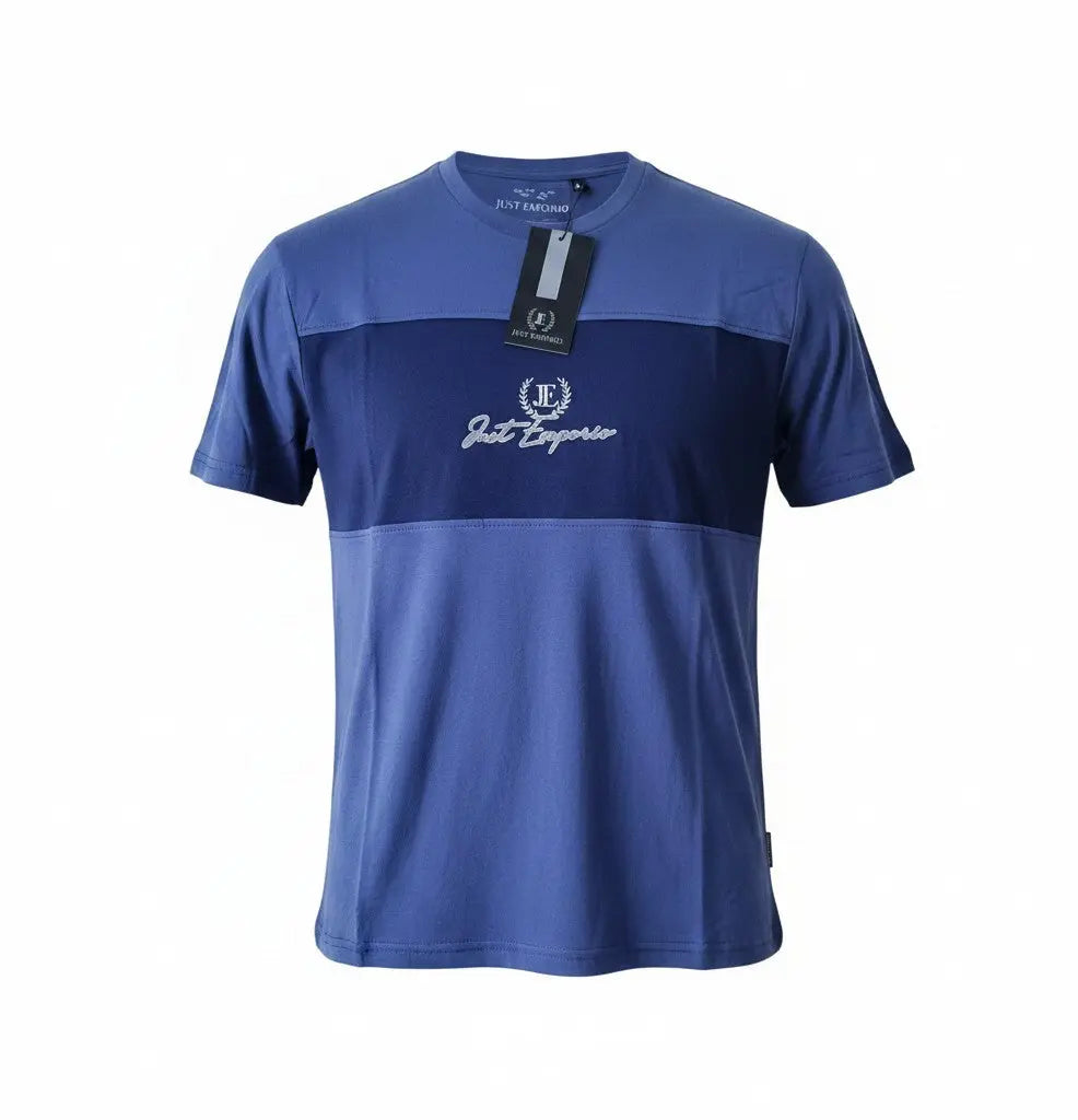 T-shirt homme Fresh & Found Just Emporio en coton bleu à bandes contrastées et logo brodé sur la poitrine.