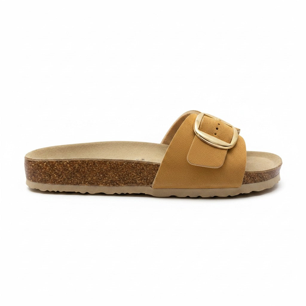 Mules Fresh & Found beige sable effet suédine avec boucle dorée et semelle ergonomique en liège pour femme