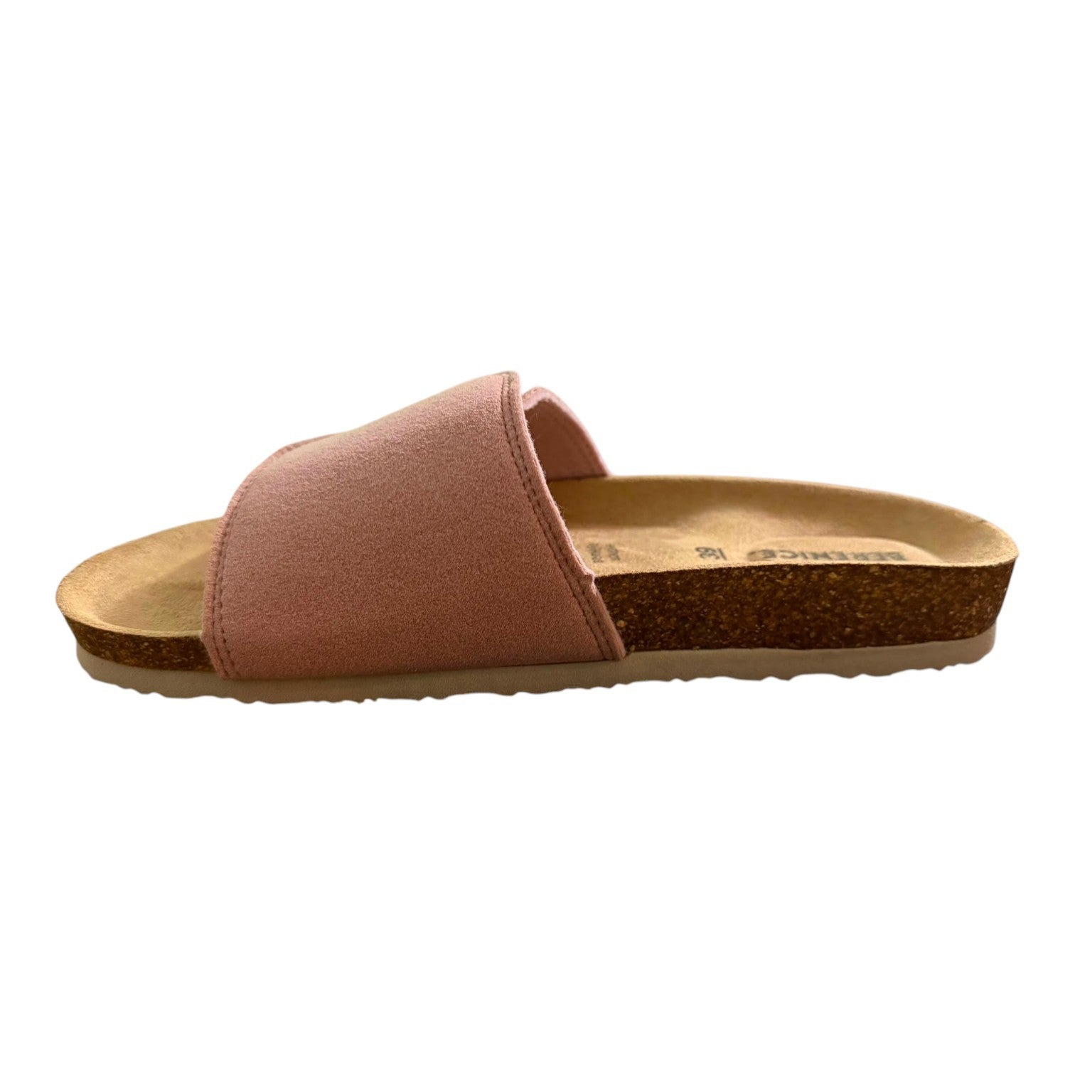 Mules Fresh & Found pour femme en daim rose poudré avec semelle anatomique en liège naturel, vue de profil.