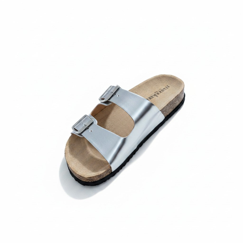 Sandales Fresh & Found Manoukian argentées à double bride avec semelle ergonomique aspect liège et boucles réglables