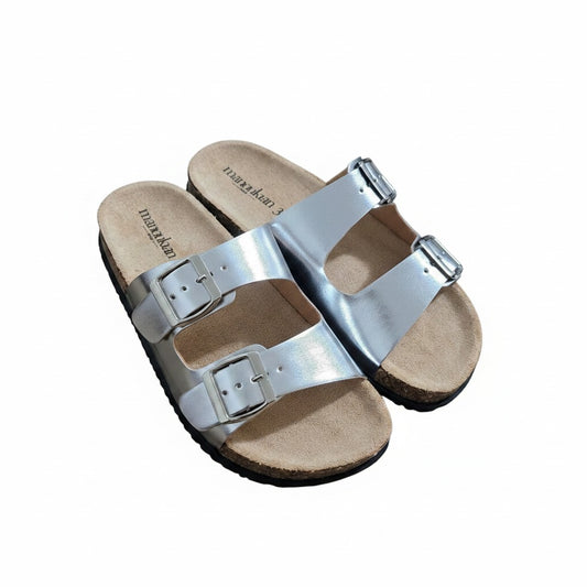 Sandales Fresh & Found Manoukian argentées à double bride avec semelle ergonomique effet liège et boucles réglables