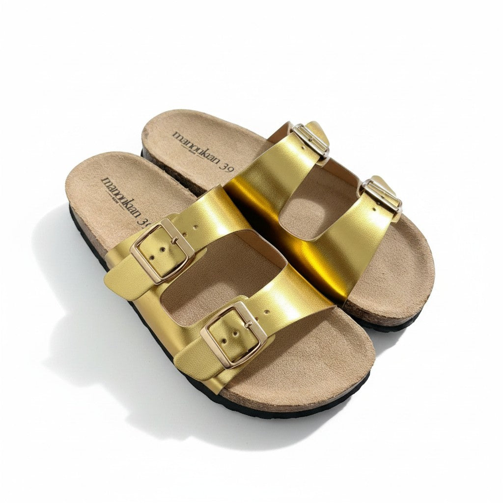 Sandales Fresh & Found Manoukian dorées à double bride avec semelle ergonomique aspect liège et boucles réglables