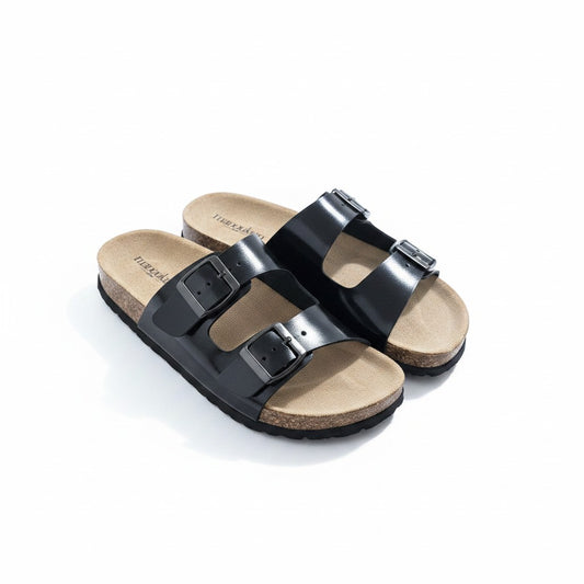 Sandales Fresh & Found Manoukian noires à double bride avec semelle ergonomique effet liège et boucles réglables