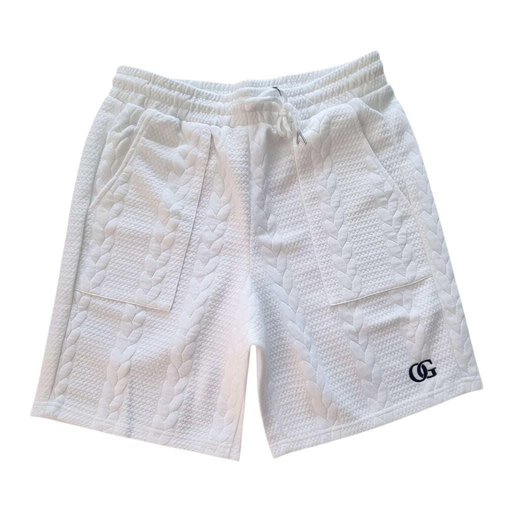 Klothco white cable-knit textured shorts with an elastic drawstring waistband and OG logo embroidery.