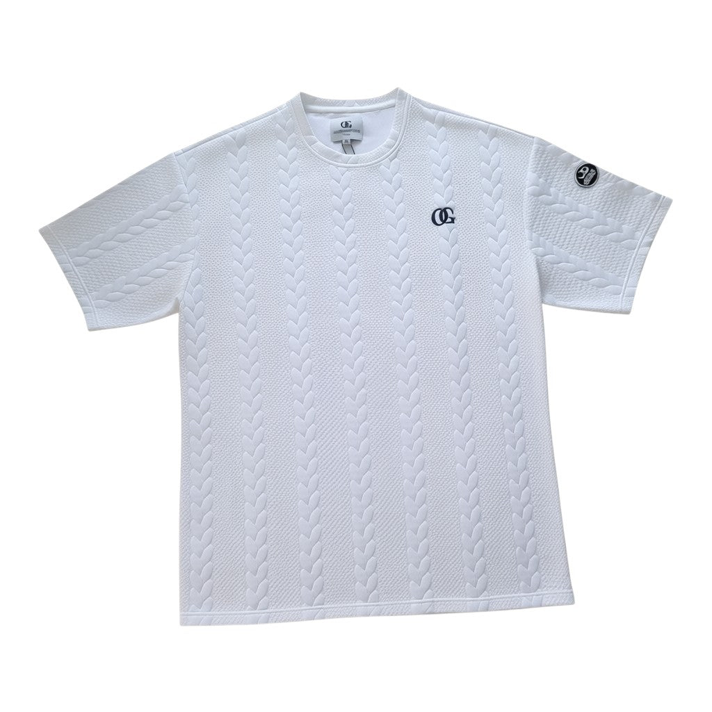Klothco white cable-knit short sleeve t-shirt with textured pattern and small logo embroidery on the chest and sleeve.