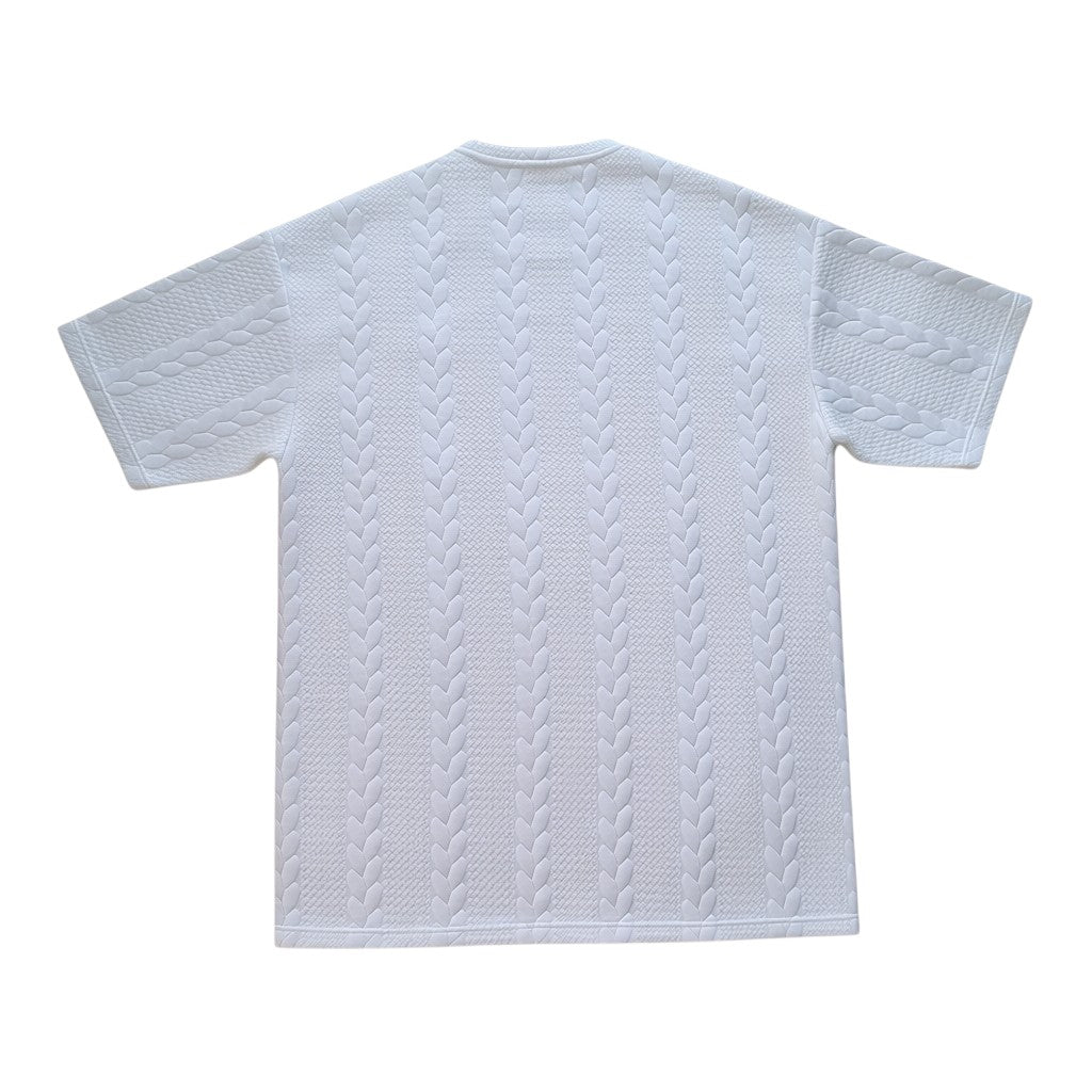 Klothco white short sleeve t-shirt with a textured vertical cable-knit pattern and a classic crew neck design.